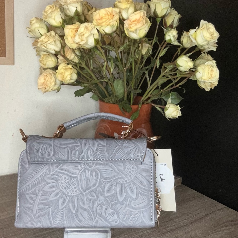 Cielo Embossed Floral Satchel in Gray with Gold Hardware